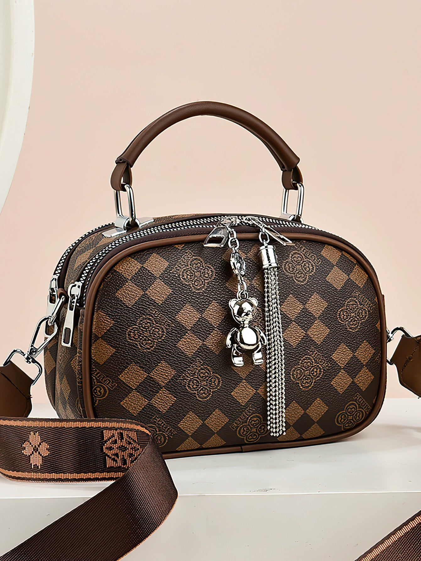 Versatile Shoulder Bag for Women: Retro Crossbody with Wide Strap & Bear Charm - 9 Colours