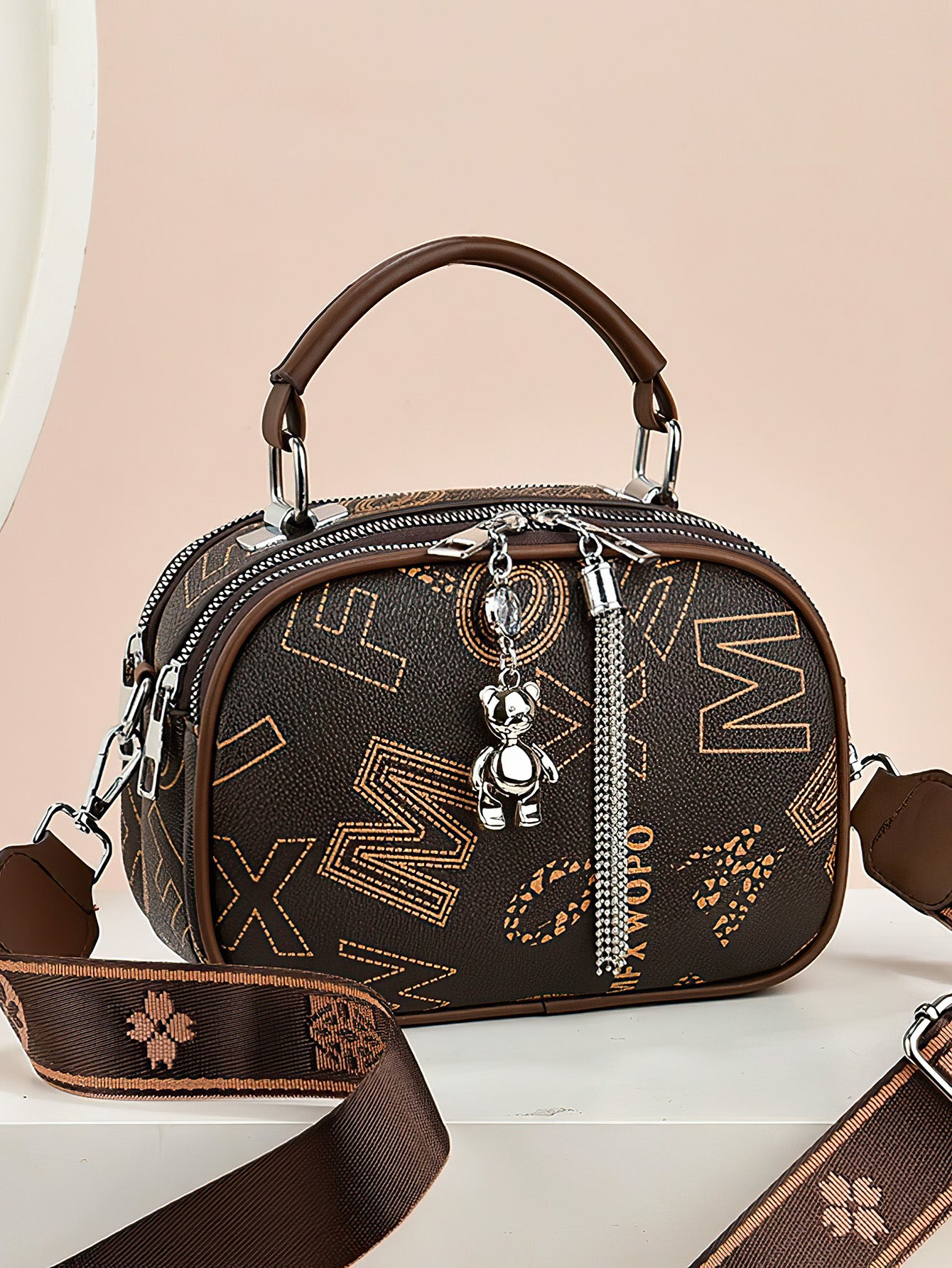 Versatile Shoulder Bag for Women: Retro Crossbody with Wide Strap & Bear Charm - 9 Colours