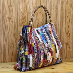 Snake pattern stripe tote handbag & shoulder leather bag with zipper