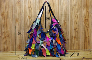 Multicolor genuine leather tassel tote bag & fringed shoulder bag for lady