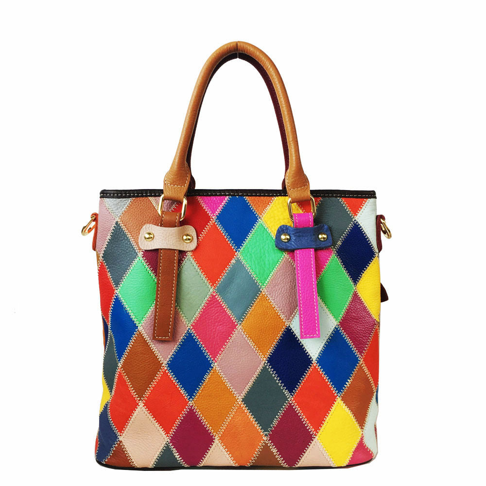 Large BOHO leather plaid tote travel bag purse with strip and zipper