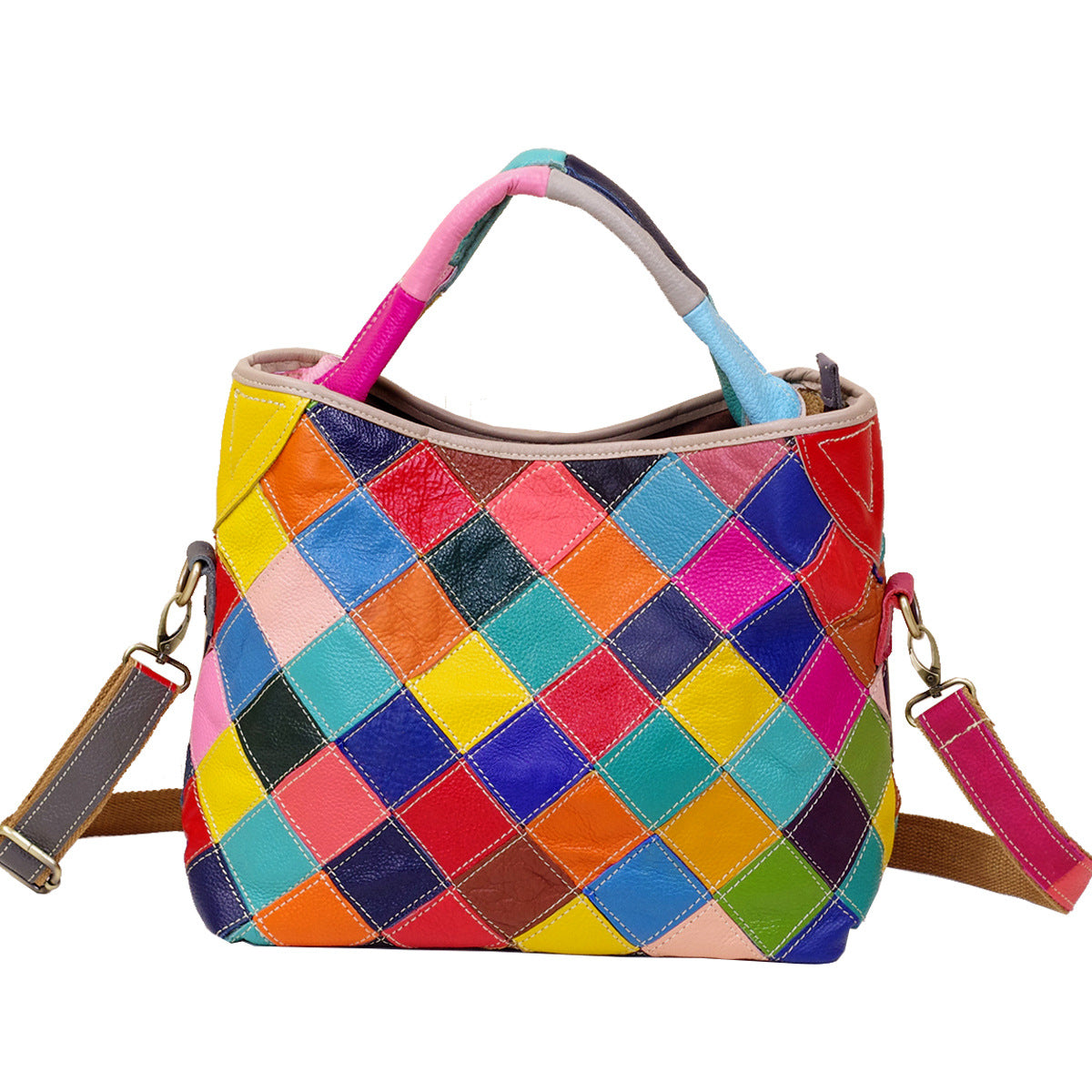 Women's genuine leather colorful boho patchwork shoulder bag & handbag