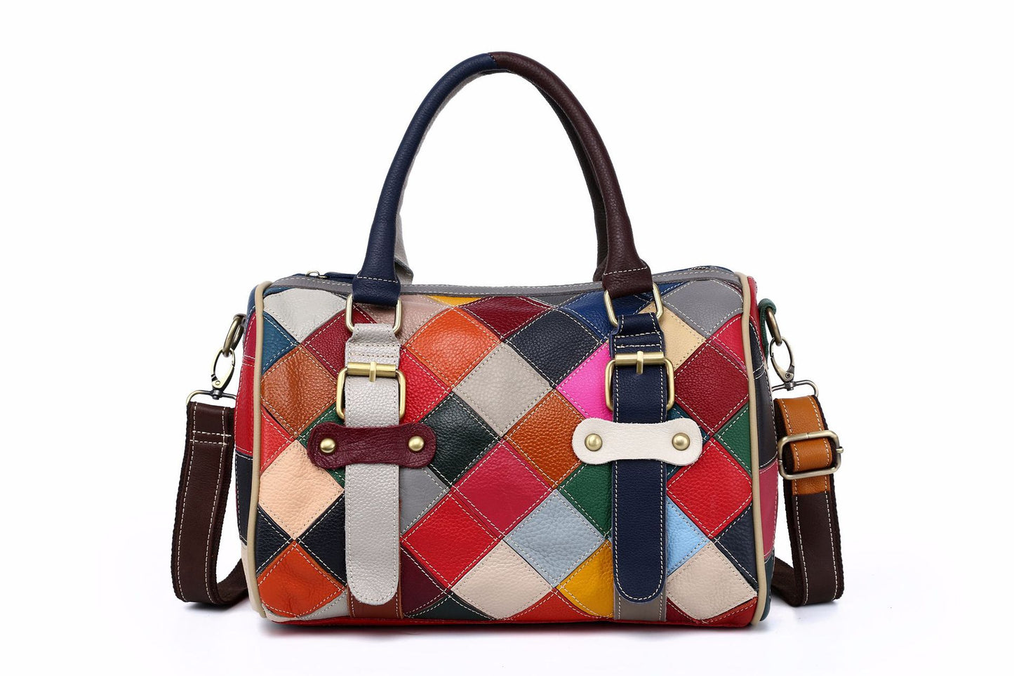 Women's leather patchwork colorful big trave tote bag purse with strip