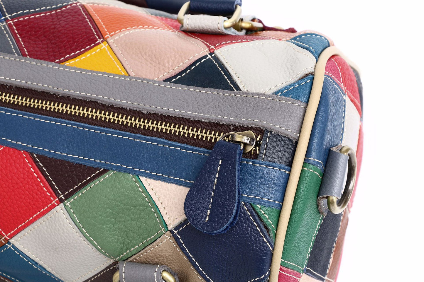 Women's leather patchwork colorful big trave tote bag purse with strip