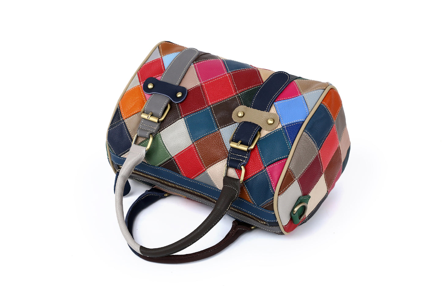 Women's leather patchwork colorful big trave tote bag purse with strip