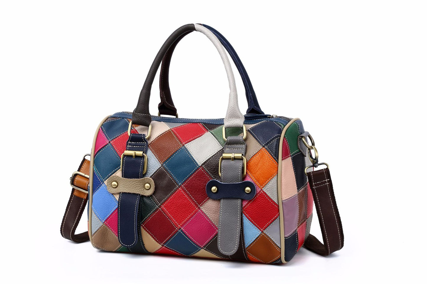 Women's leather patchwork colorful big trave tote bag purse with strip