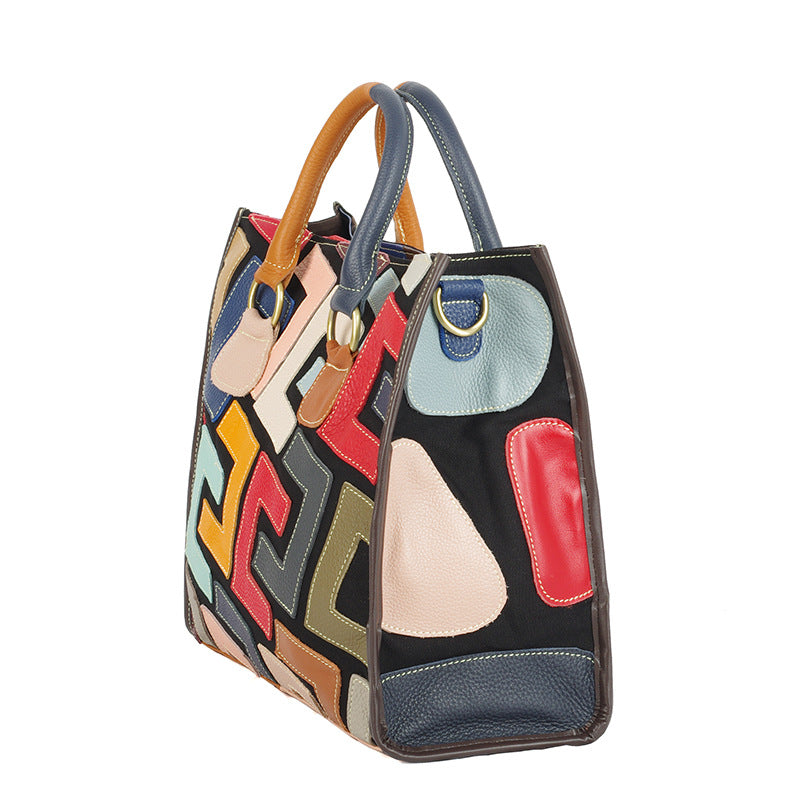 Genuine leather geometric fashion graffiti tote handbag & crossbody bag