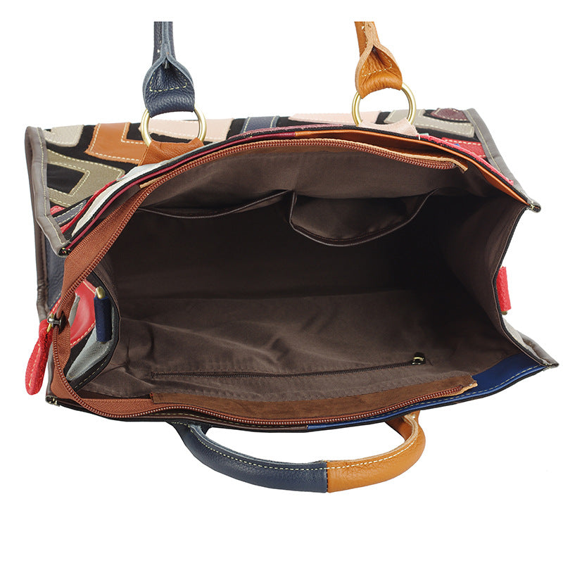 Genuine leather geometric fashion graffiti tote handbag & crossbody bag