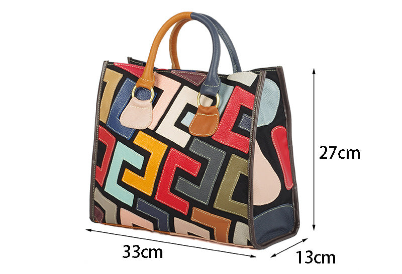 Genuine leather geometric fashion graffiti tote handbag & crossbody bag