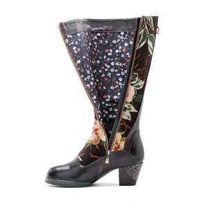 Floral belt buckle thick high heel leather boots knee high for girl & lady