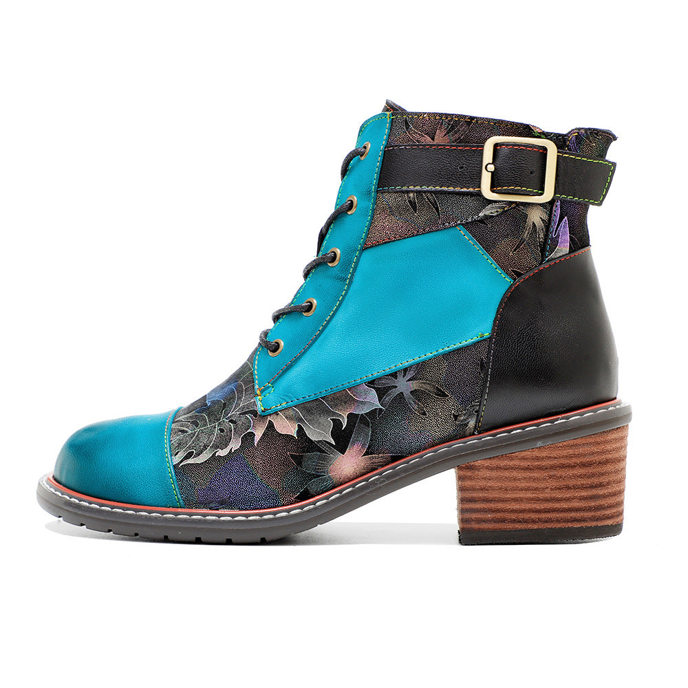 Patchwork thick heel chunky booties winter short boots with buckle for women