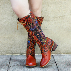 Knee high women's patchwork suede boots & lace up leather cowboy boots