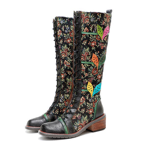 Floral women's leather boots & knee high stunning boots with lace and zipper