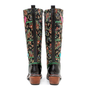 Floral women's leather boots & knee high stunning boots with lace and zipper