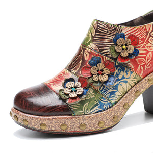 Floral women's rivet block heel colorful ballet leather pumps & shoes
