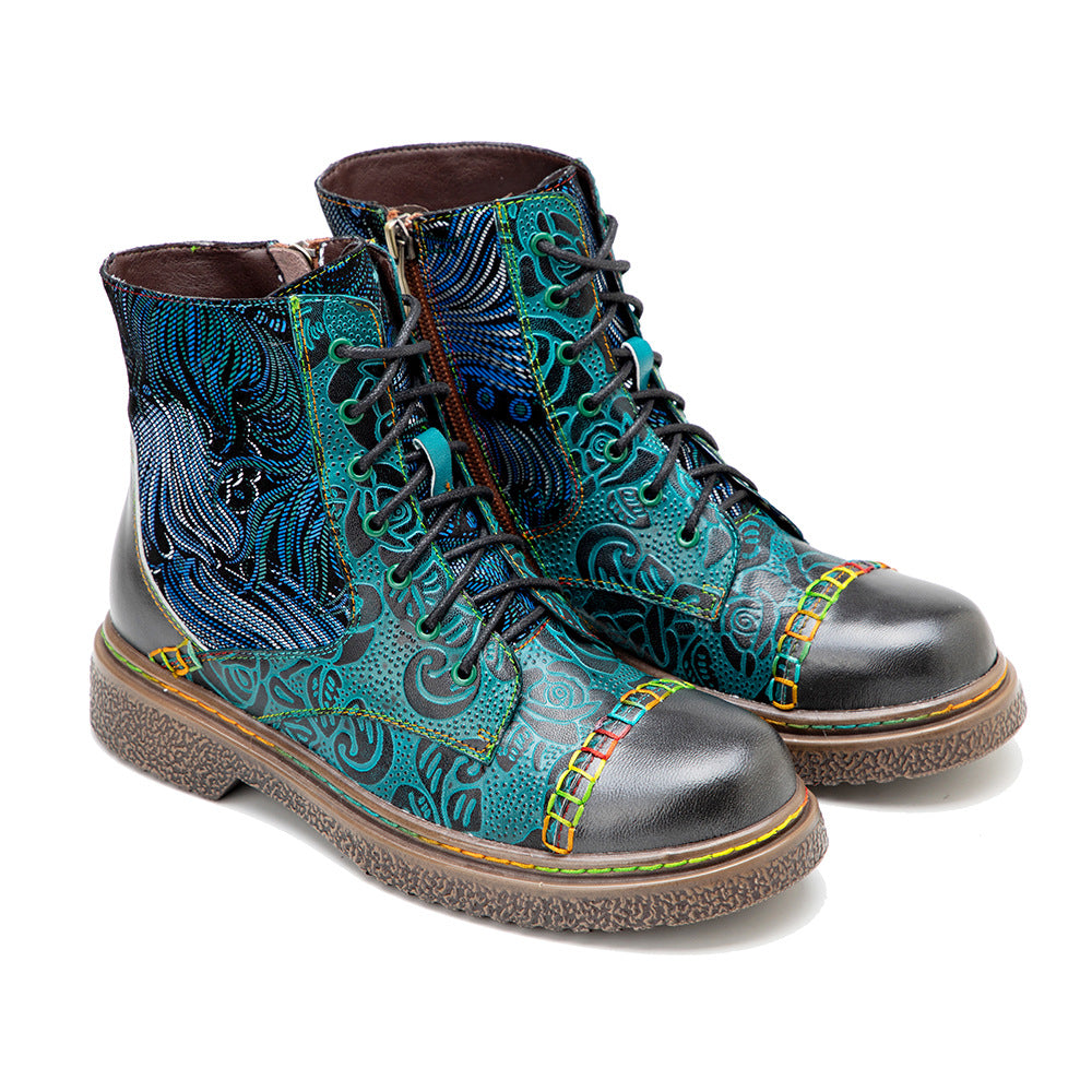 Women's leather low heel ankle casual boots & motorcycle combat stitching boots