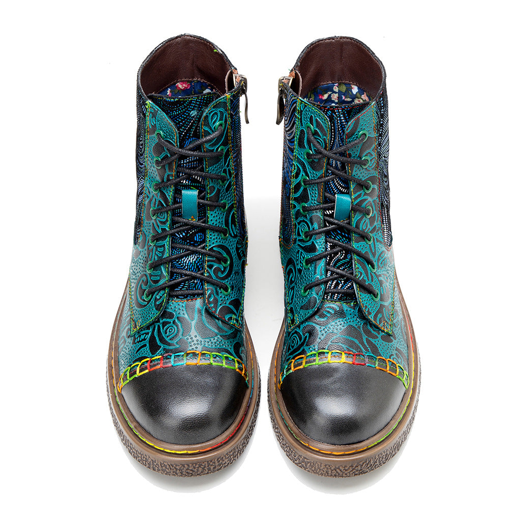 Women's leather low heel ankle casual boots & motorcycle combat stitching boots