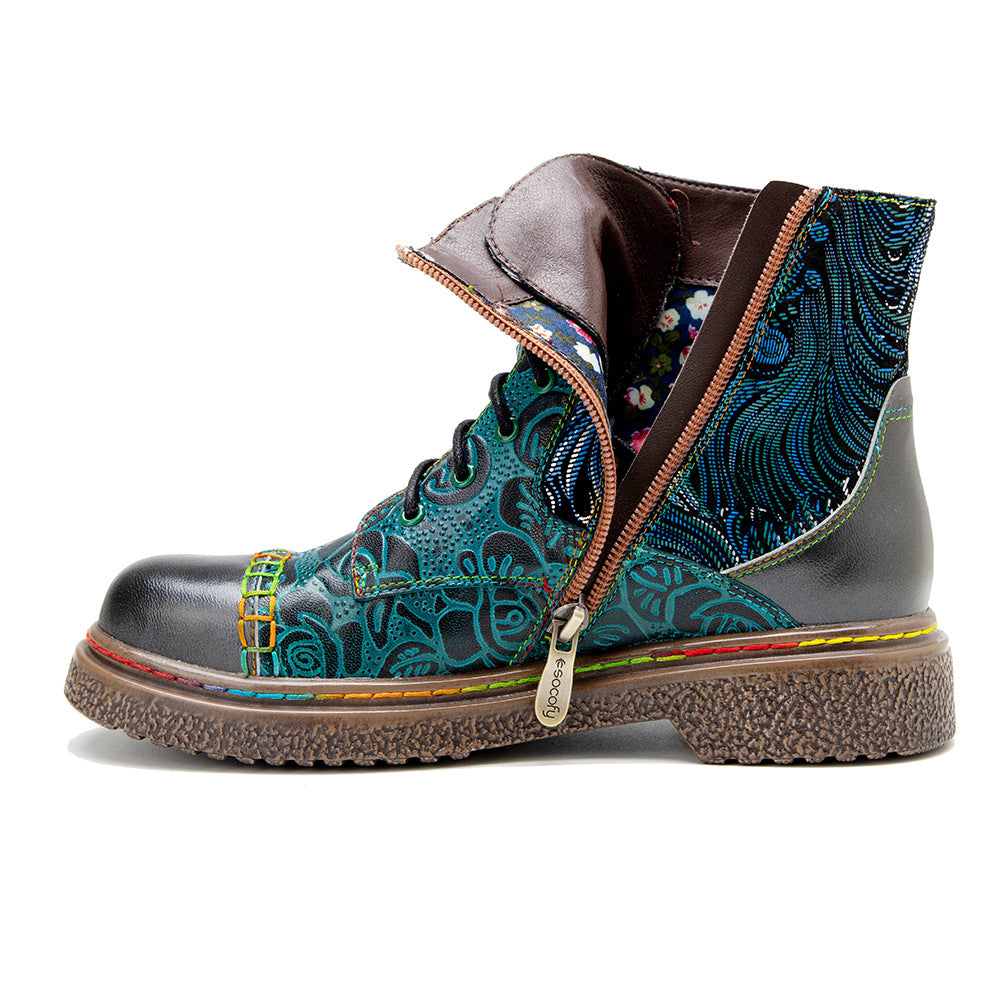 Women's leather low heel ankle casual boots & motorcycle combat stitching boots
