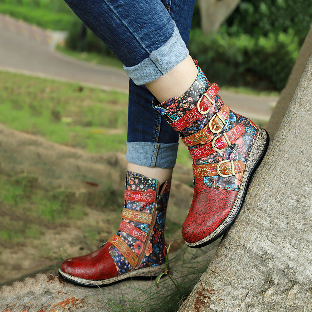 Vintage anti slip red floral leather buckle flat casual painted cowboy boots