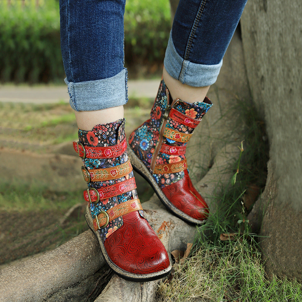 Vintage anti slip red floral leather buckle flat casual painted cowboy boots