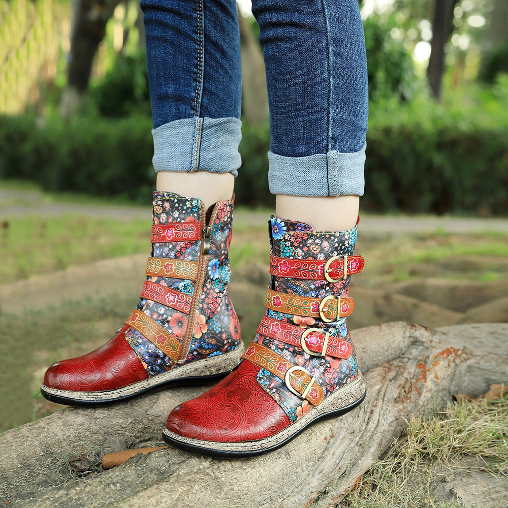 Vintage anti slip red floral leather buckle flat casual painted cowboy boots