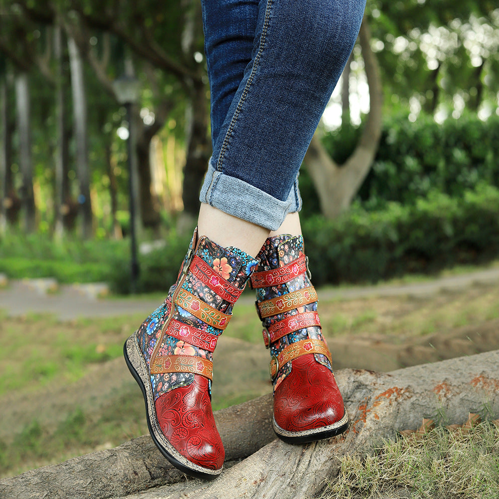 Vintage anti slip red floral leather buckle flat casual painted cowboy boots