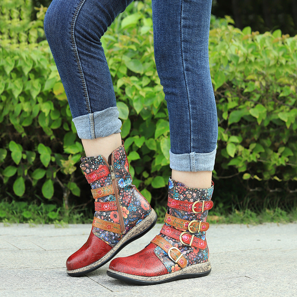 Vintage anti slip red floral leather buckle flat casual painted cowboy boots