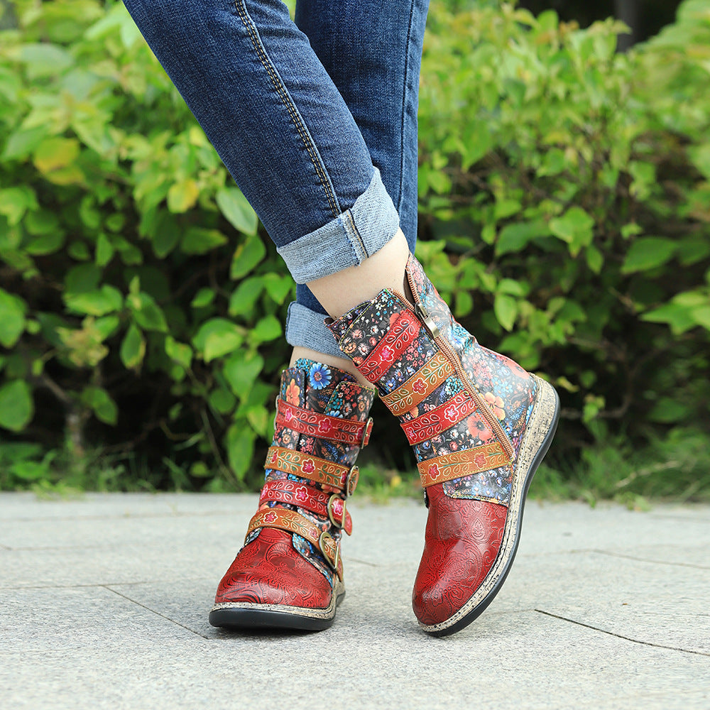 Vintage anti slip red floral leather buckle flat casual painted cowboy boots