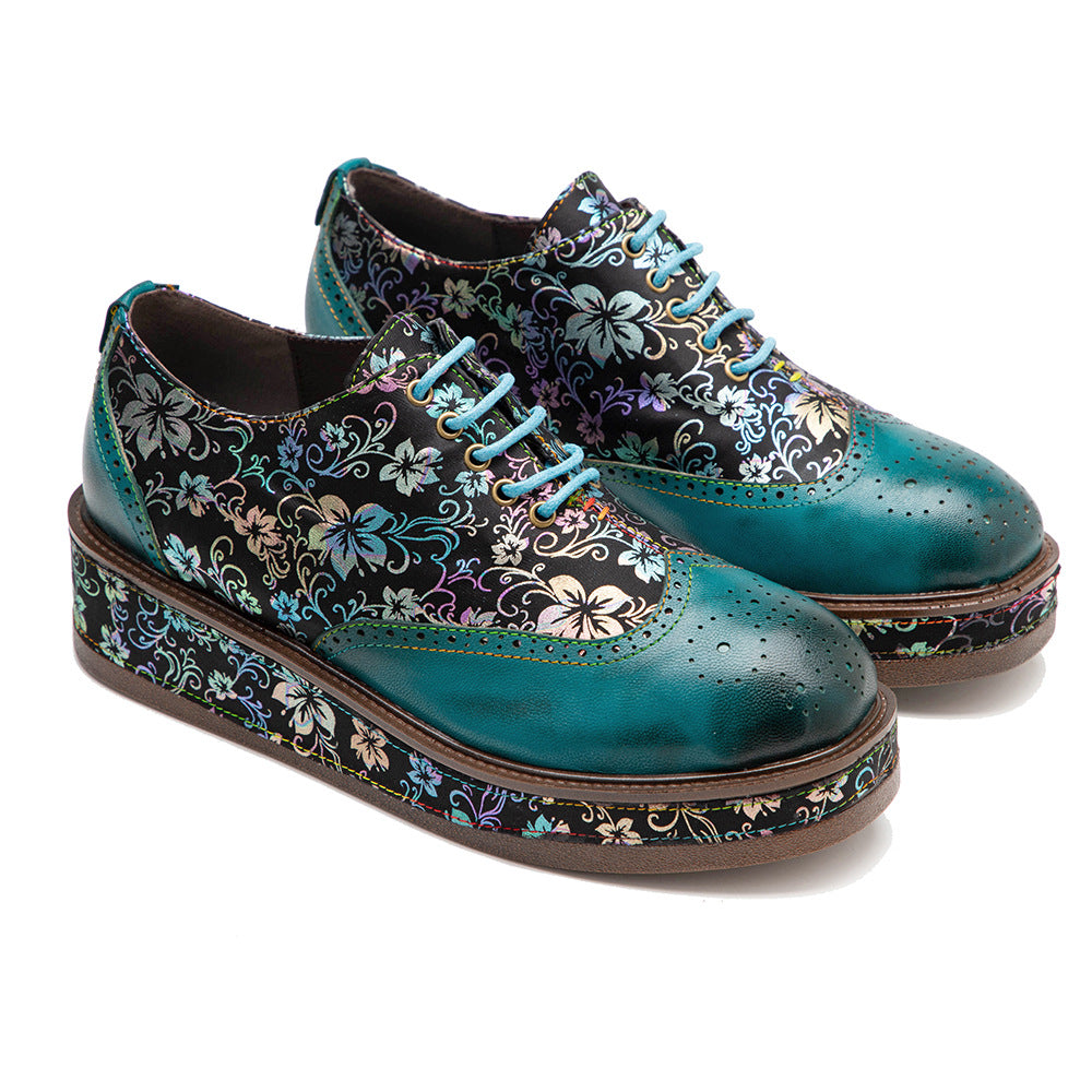 Green leather platform loafers & handmand lace up retro shoes for women