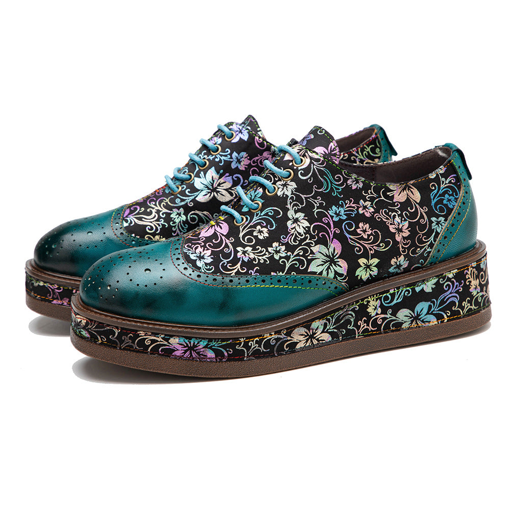 Green leather platform loafers & handmand lace up retro shoes for women