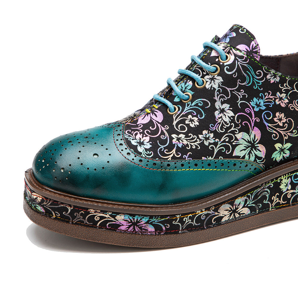 Green leather platform loafers & handmand lace up retro shoes for women