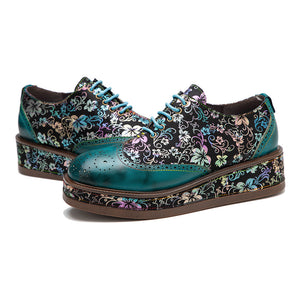 Green leather platform loafers & handmand lace up retro shoes for women