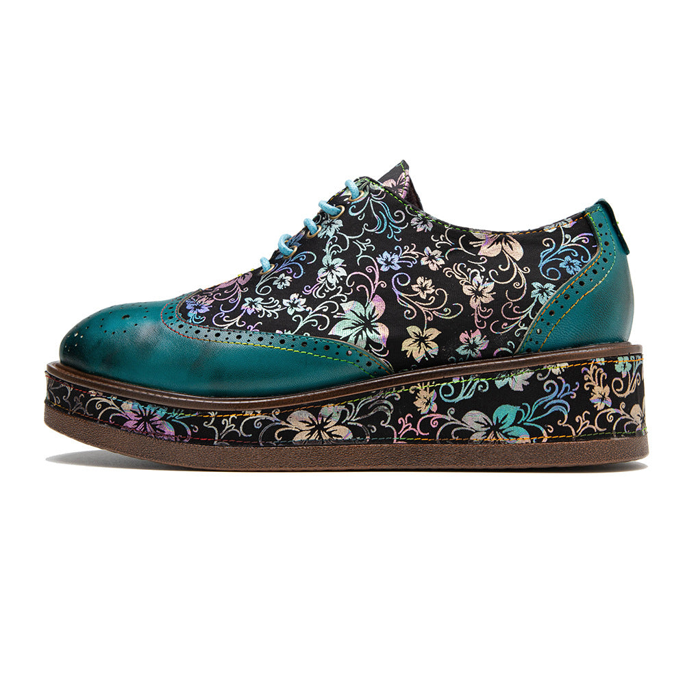 Green leather platform loafers & handmand lace up retro shoes for women