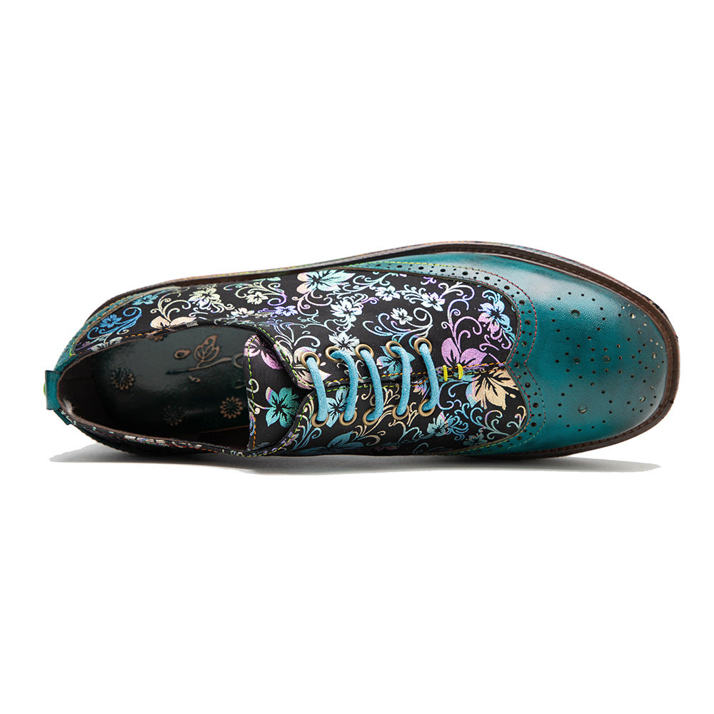 Green leather platform loafers & handmand lace up retro shoes for women
