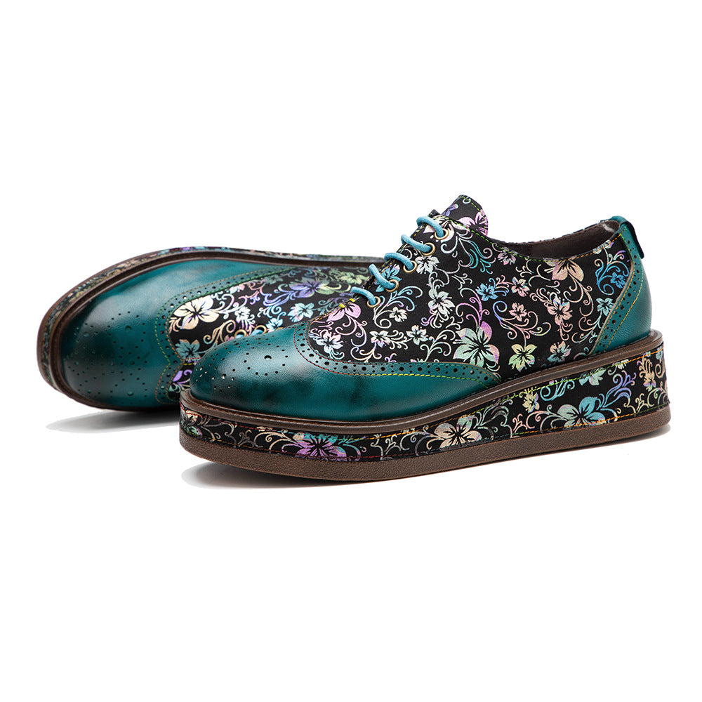 Green leather platform loafers & handmand lace up retro shoes for women