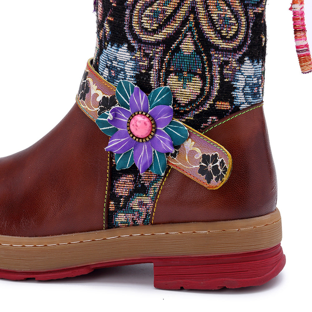 Mongolian outdoor leather vintage flat round toe knee high boots for ladies
