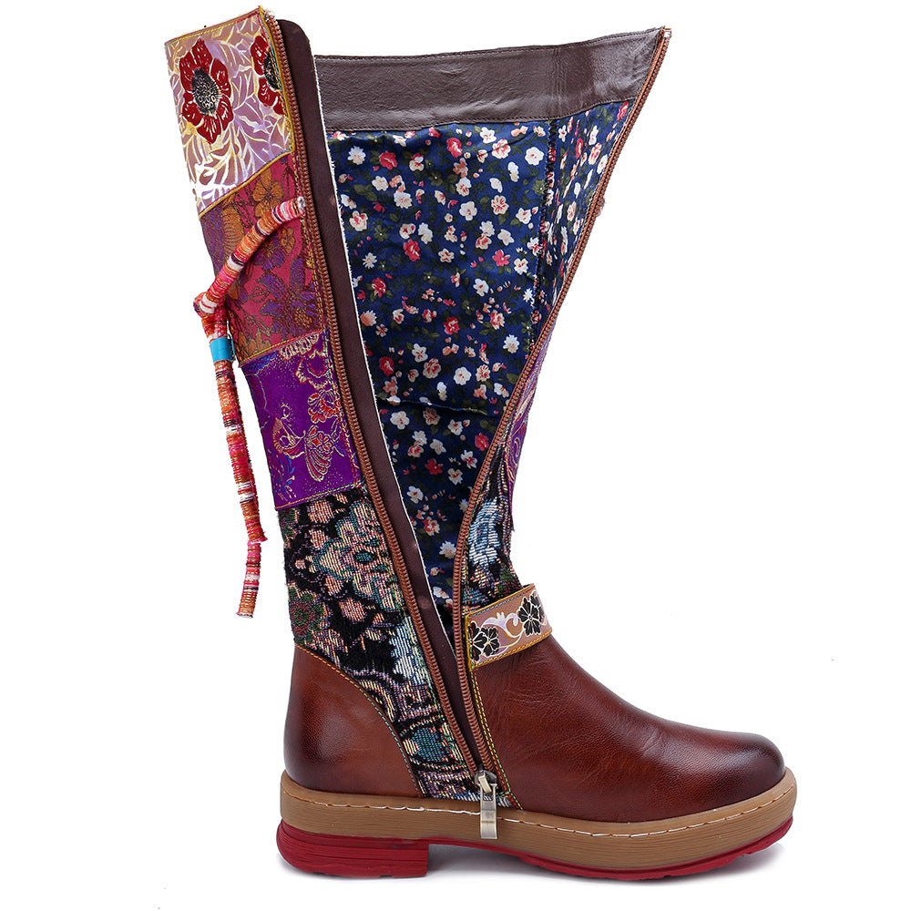 Mongolian outdoor leather vintage flat round toe knee high boots for ladies