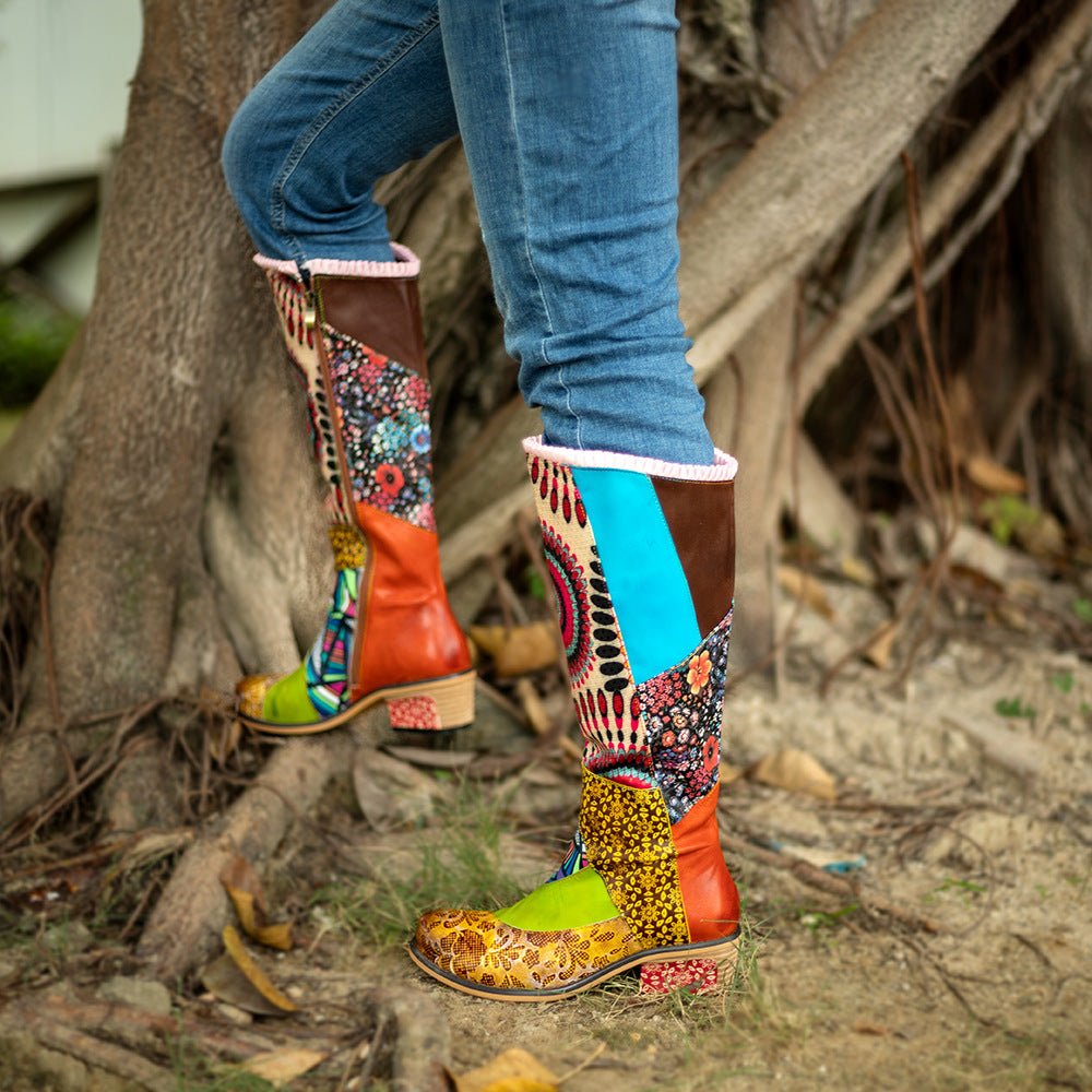 Women's western Bohemian leather casual knee high winter hiking boots