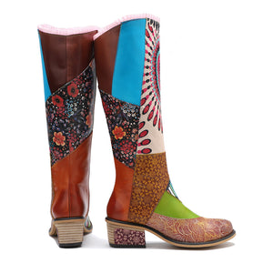 Women's western Bohemian leather casual knee high winter hiking boots