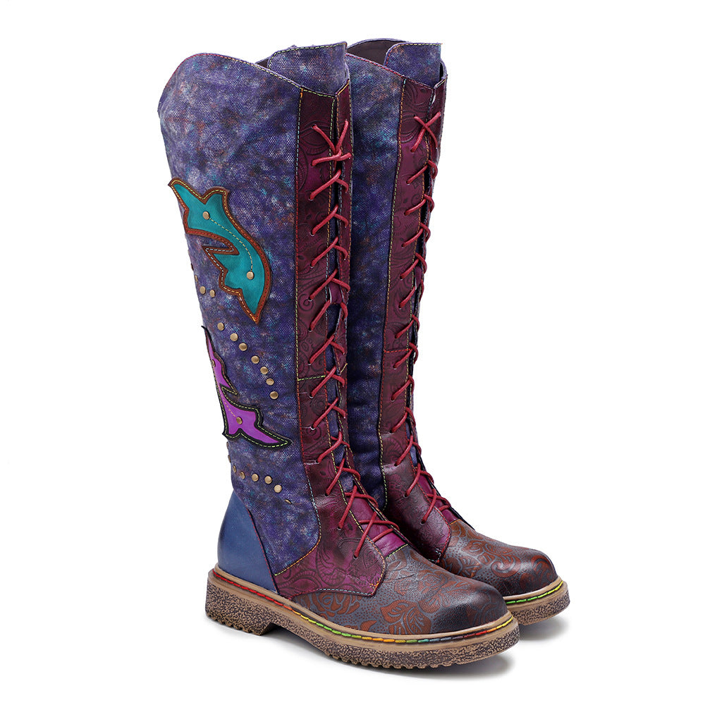 Dark blue leather western cowgirl flat bottomed lace up ethnic long boots