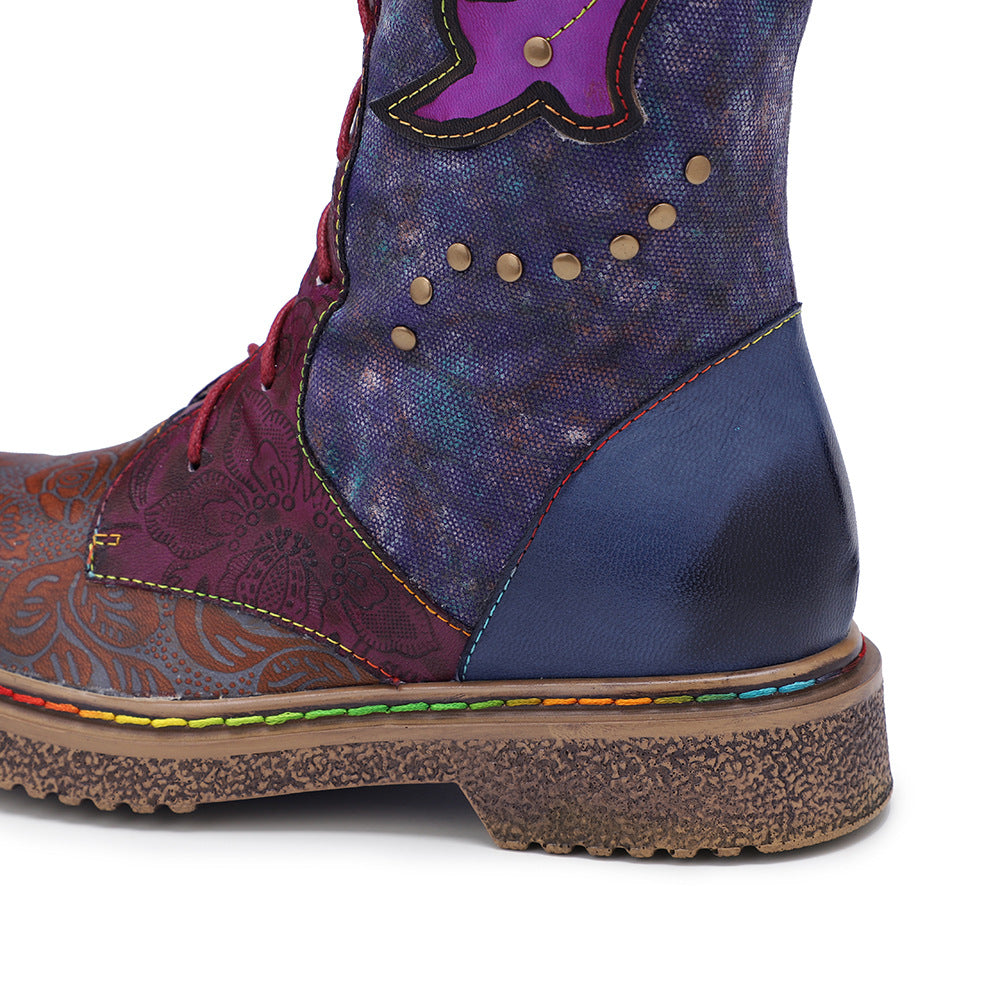 Dark blue leather western cowgirl flat bottomed lace up ethnic long boots