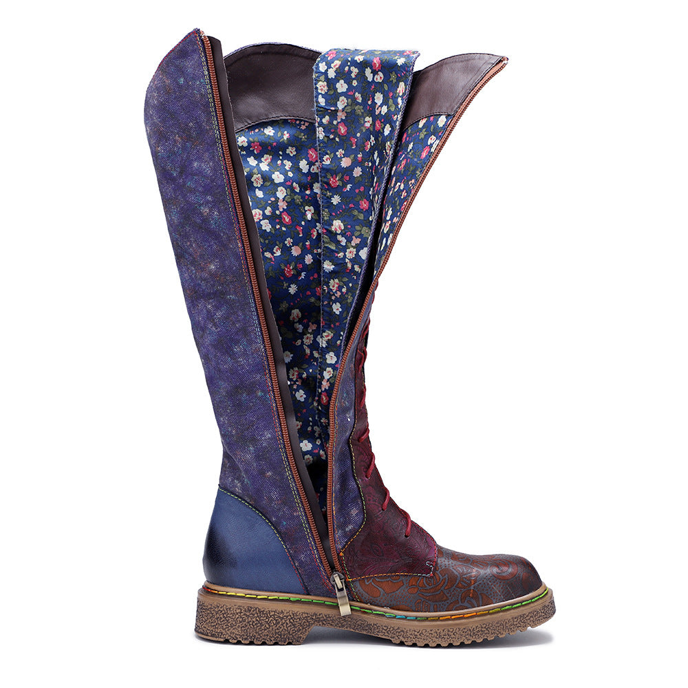 Dark blue leather western cowgirl flat bottomed lace up ethnic long boots