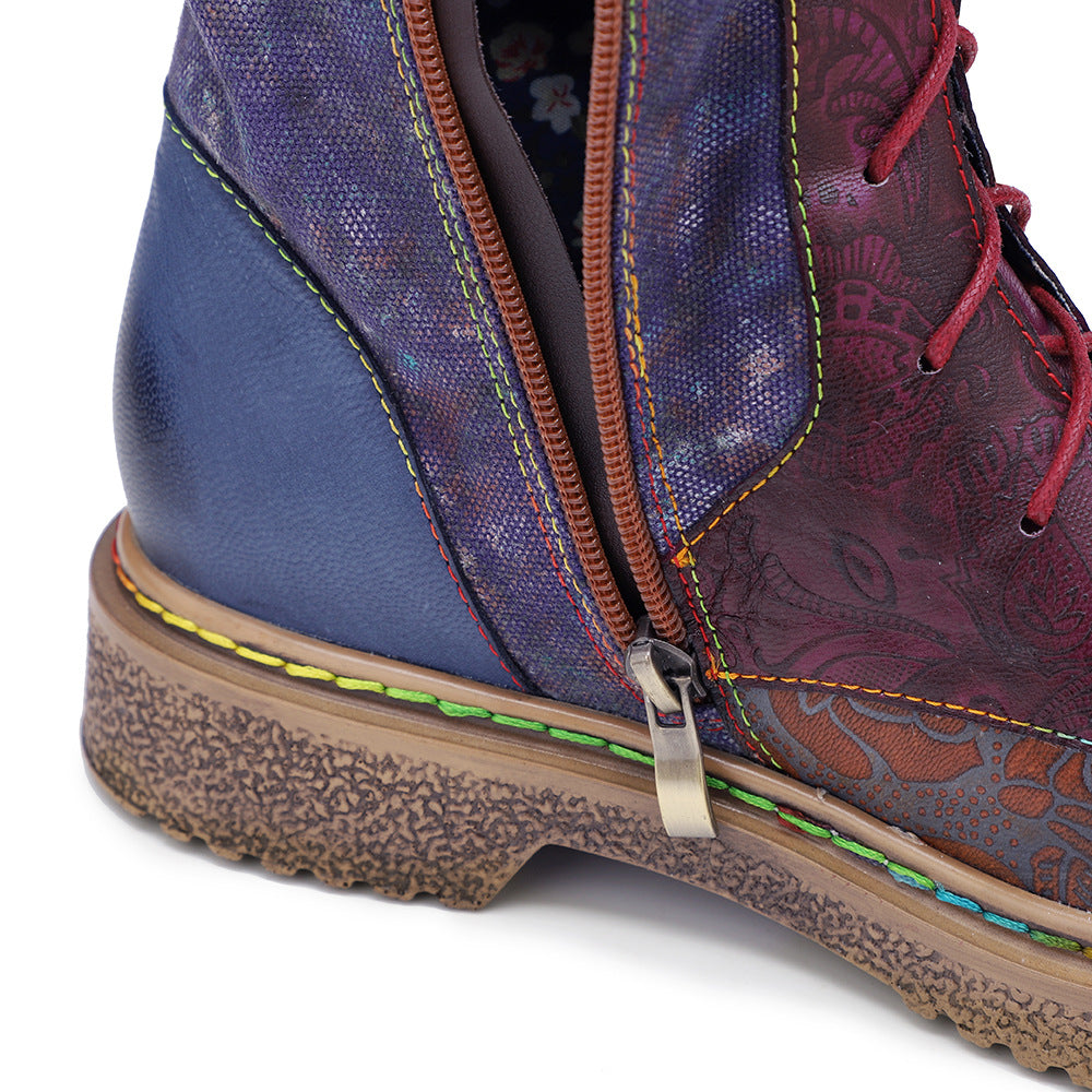 Dark blue leather western cowgirl flat bottomed lace up ethnic long boots