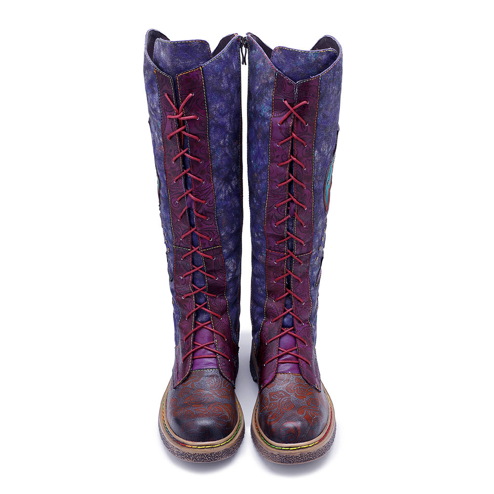 Dark blue leather western cowgirl flat bottomed lace up ethnic long boots