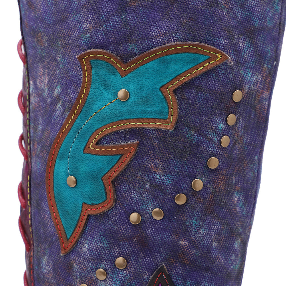 Dark blue leather western cowgirl flat bottomed lace up ethnic long boots