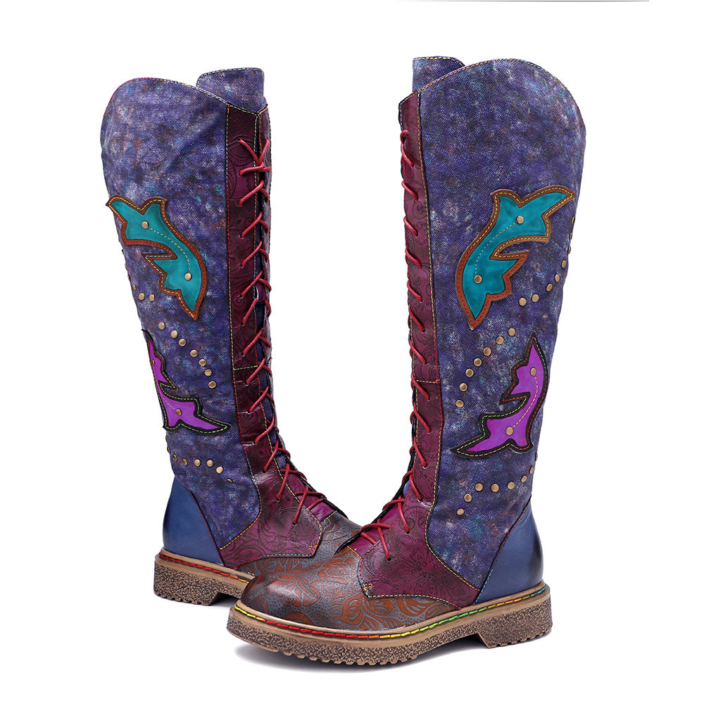 Dark blue leather western cowgirl flat bottomed lace up ethnic long boots