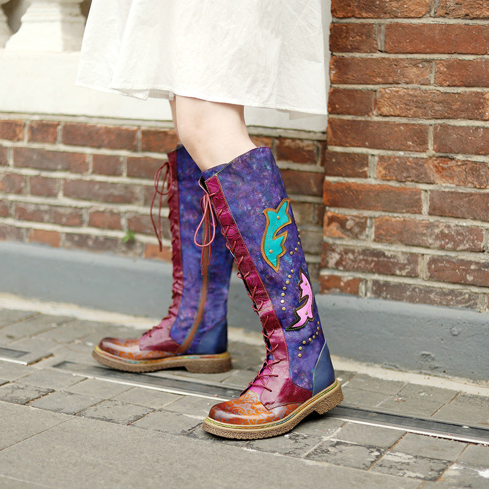 Dark blue leather western cowgirl flat bottomed lace up ethnic long boots