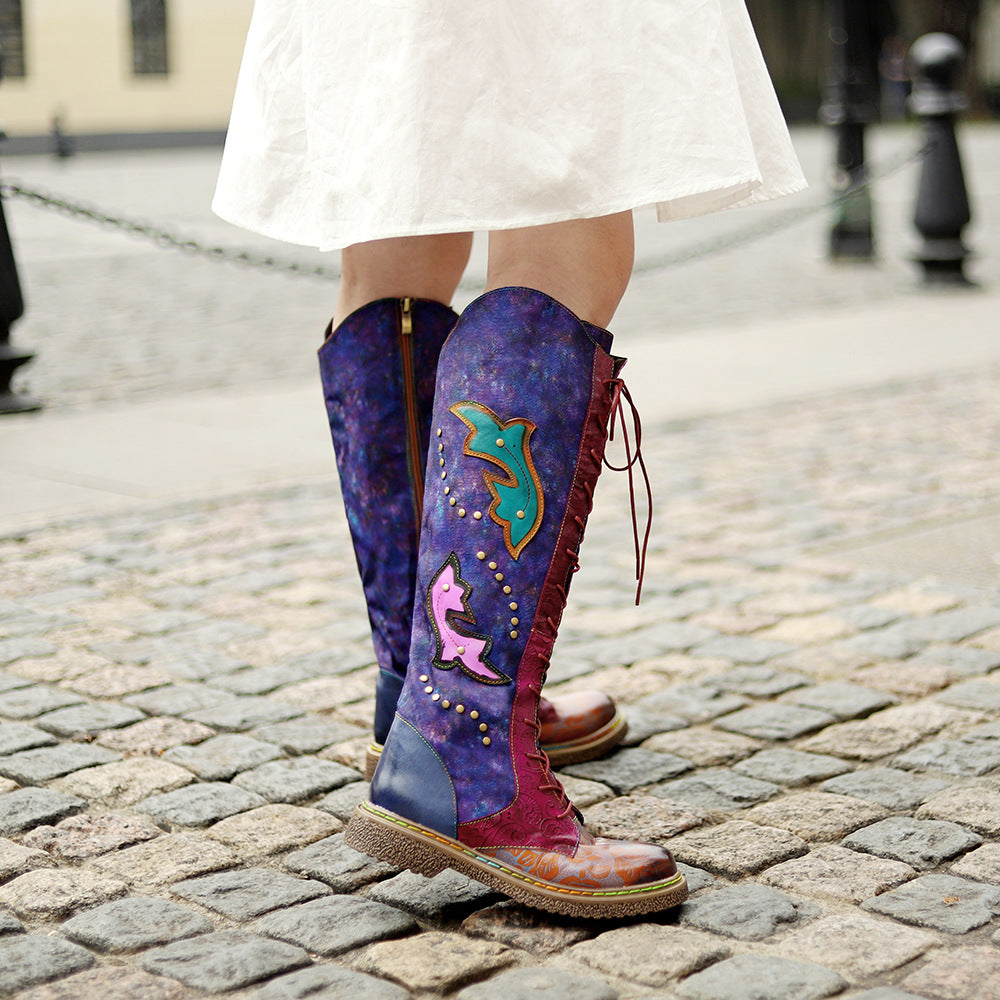 Dark blue leather western cowgirl flat bottomed lace up ethnic long boots