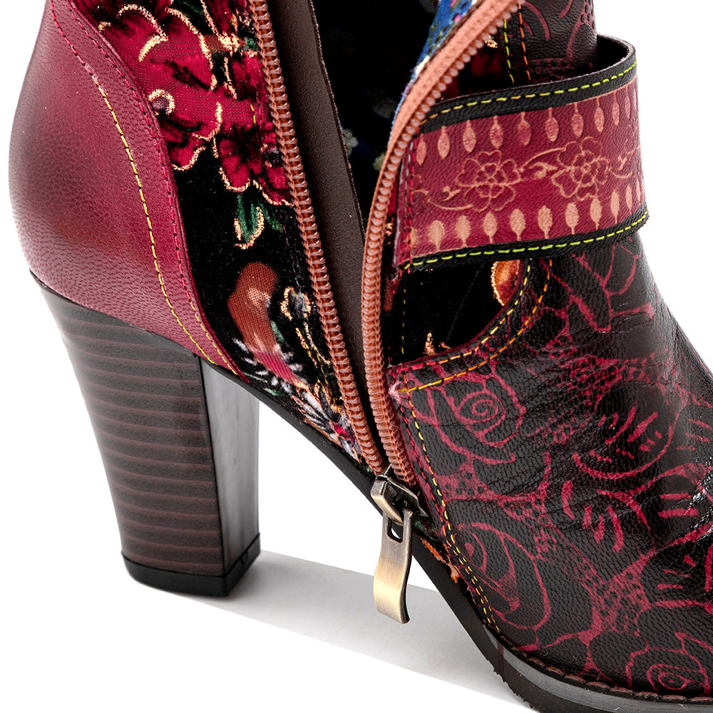 Women's red floral print cowboy boots & leather embroidery mid heel boots