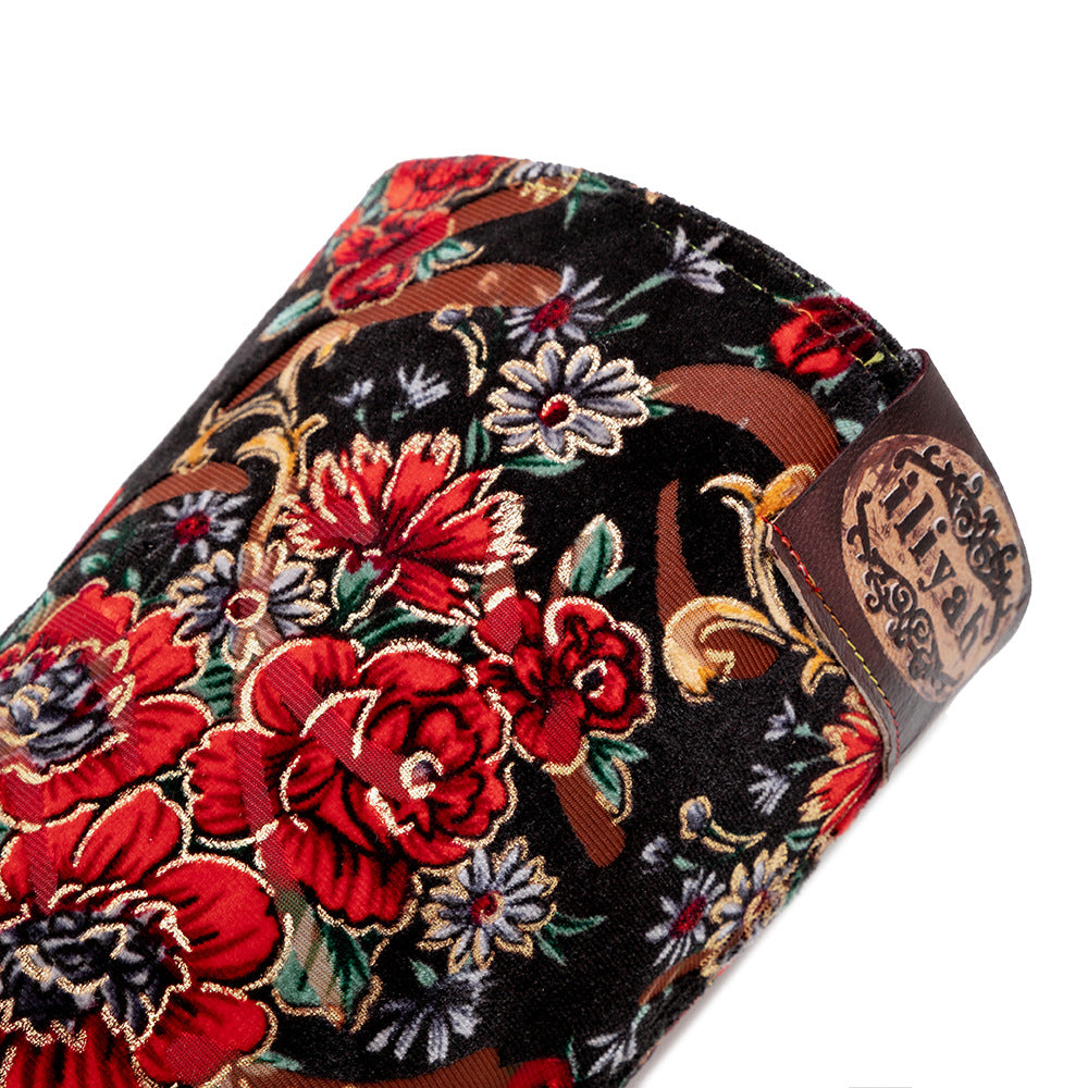 Women's red floral print cowboy boots & leather embroidery mid heel boots